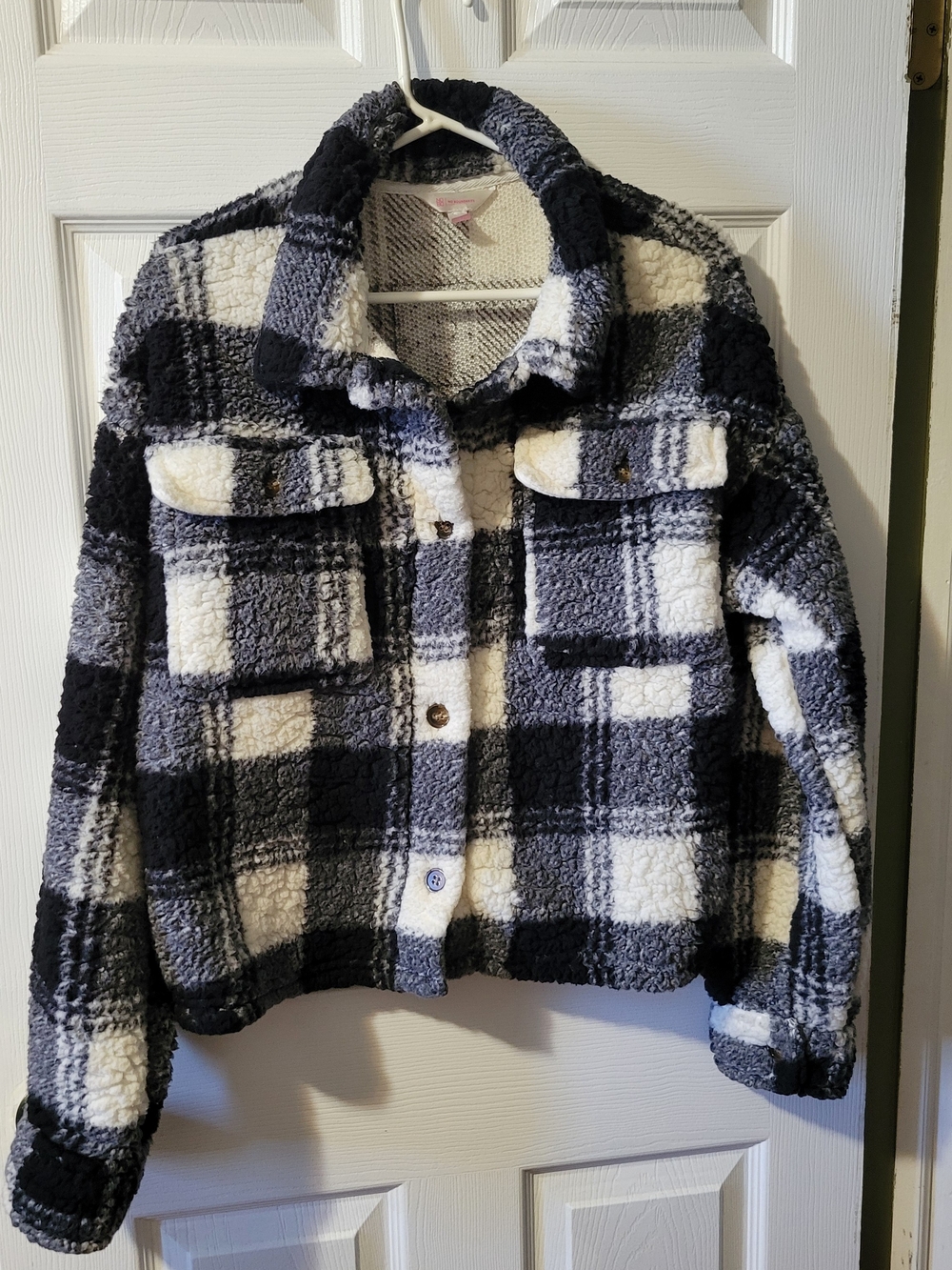 No Boundaries Black & White Plaid Sherpa Jacket